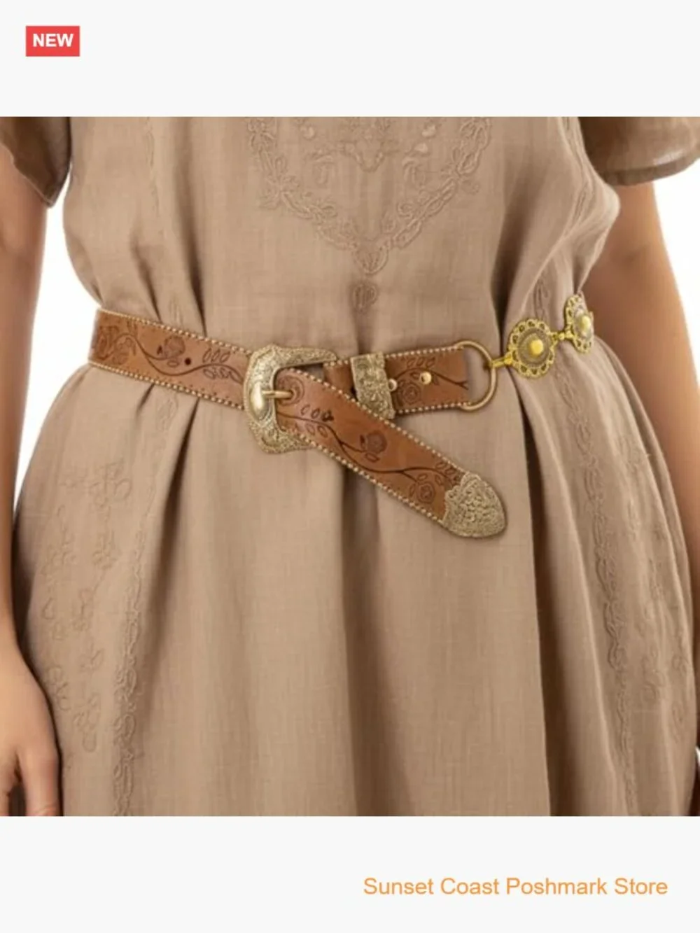 Concho West Embossed Leather Gold Tone Metal Concho Belt Boho Western Adjustable